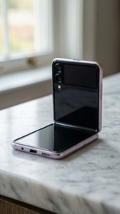 大理石の上に置かれたミニマルなZ Flip 5、柔らかなパステル照明