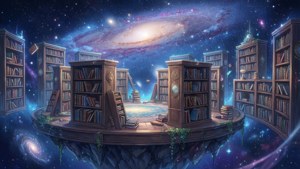 宇宙に浮かぶ図書館を描いた、不思議なアニメ風の情景 — アニメ風景 壁紙