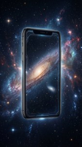 星々の中に浮かぶiPhone Xを描いた宇宙の壁紙。