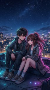 アニメのカップルが夜の屋上にいる — アニメカップル GIF 壁紙