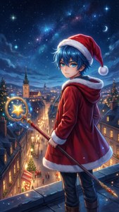 サンタ帽をかぶったアニメ少年が屋上で星の杖を持つ