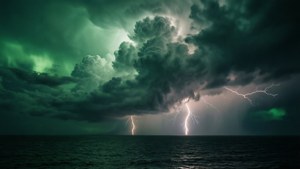 緑の空と暗い海の上に稲妻が走る劇的な嵐 — 緑の空 壁紙
