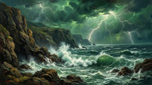 荒れ狂う海、崖、稲妻が、劇的な緑色の空の下に広がる光景。 — 緑の空 壁紙