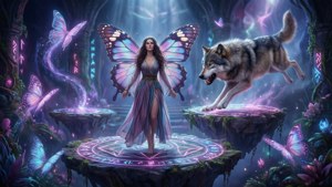 狼がレディバタフライと戦う、幻覚に満ちた非現実的な舞台。