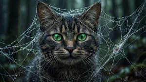 光る目を持つチェシャ猫が蜘蛛の巣に絡まっている。 — チェシャ猫 壁紙