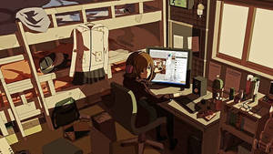 影に照らされたアニメ少女のノートPC作業スペース — アニメ ノートパソコン 壁紙