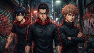 東京リベンジャーズのマイキー、ドラケン、タケミチが暗い路地裏で描かれた、ドラマチックなグループ壁紙。 — 東京リベンジャーズ 壁紙