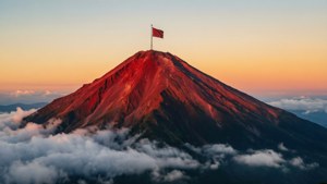 頂上に旗が立つ赤い山頂、その下に雲が広がる夜明けの風景