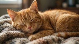 毛布の上で眠る猫の心温まる写真。動物好きに最適。