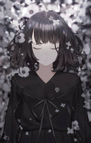悲しげなアニメ少女 白黒 花と共に — Redmi K Pad 壁紙