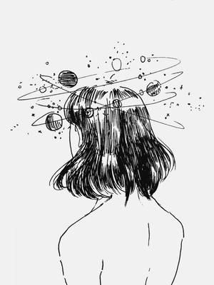 惑星が周回する少女の美的スケッチ — 宇宙美学 壁紙