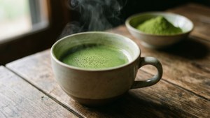 木のテーブルの上の抹茶のカップ。