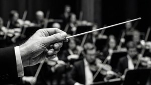 オーケストラを背景にした、指揮者のタクトのドラマチックな白黒クローズアップ。 — 音楽 美学 壁紙