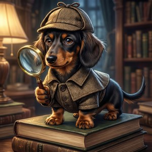 賢いアニメ風のダックスフンドが探偵として、居心地の良い図書館で捜査をしています。 — Galaxy Watch 壁紙