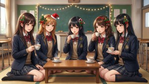 アニメの女子学生たちが教室でこたつを囲んでクリスマスを楽しんでいる