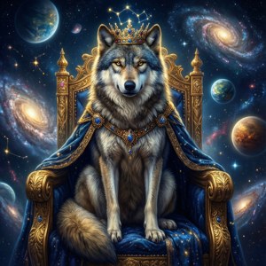 銀河の狼が星の玉座に座り、星座の冠を戴いた威厳ある姿。 — 銀河の狼 壁紙