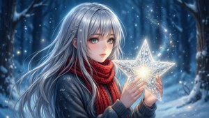 銀髪で赤いマフラーのアニメ風少女が、雪の森の中で輝く星を手にしている。