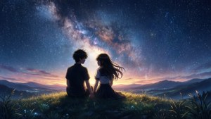 星空の下で寄り添うアニメカップルのシルエット — アニメカップル GIF 壁紙