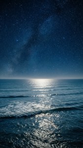 星空の下、波の反射が美しい静かな海の夜。 — 空の眺め 壁紙