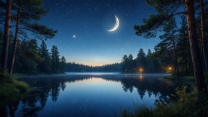 月明かりが映る星空の夜の湖を描いた、落ち着いた雰囲気のアート壁紙。