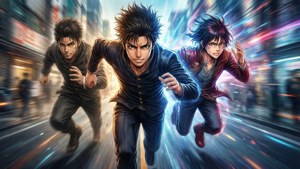 鮮やかな色彩でスプリットスクリーン効果を伴い、時を駆けるタケミチ。 — 東京リベンジャーズ 壁紙