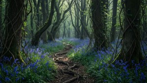 暗い森の小道にブルーベルが咲き、木漏れ日が差し込む、魔法のような春の風景。 — 暗い森 壁紙