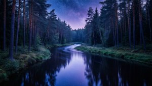 暗い森の中を曲がりくねって流れる川が星空を映し出し、夢のような雰囲気を醸し出しています。 — 暗い森 壁紙