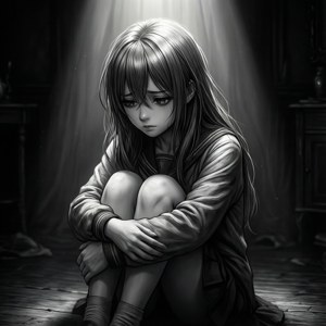ドラマチックな照明の中、暗い部屋にうずくまる悲しげなアニメの少女。 — 悲しいアニメGIF 壁紙