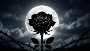 満月を背景にした黒いバラのシルエット、ミニマルなグラフィック。