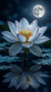 満月の下で咲く蓮と水面の反射、深い青と銀色。 — 蓮の花 壁紙