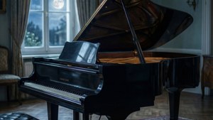 暗い部屋で月明かりに照らされた優雅なグランドピアノ。 — 音楽 美学 壁紙