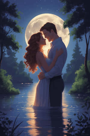 愛,ロマンス,カップル,月光,夜,ハート,バレンタイン,キス,夢幻的,可愛い