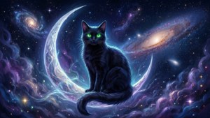三日月の上に立つ神秘的な黒猫 — アニメ猫 壁紙