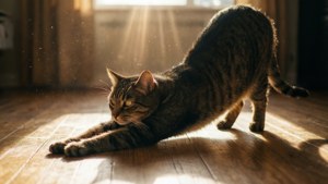 木の床の日差しの中で伸びをする猫。 — 猫 壁紙