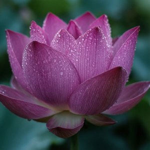 蓮の花を接写したマクロ写真。紫とピンクが鮮やかで、花びらに朝露が輝く。 — 蓮の花 壁紙