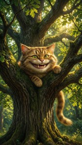 日差しが降り注ぐオークの木に現れた、リアルなチェシャ猫の笑顔。 — iPhone 6 壁紙