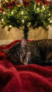 電飾が飾られたクリスマスツリーの下で眠る猫。 — 居心地の良いクリスマスの美学 壁紙