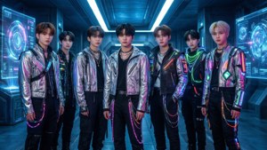 サイバーパンクに着想を得たKpopボーイズグループが未来的な設定で描かれています。 — Kpop GIF 壁紙