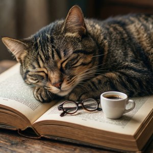 眼鏡とコーヒーを添えて、本の上で眠る猫。 — 猫 壁紙
