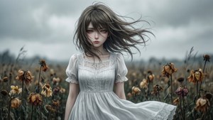 枯れた野原に立つアニメの少女、悲しげに風に吹かれている。 — 悲しいアニメGIF 壁紙