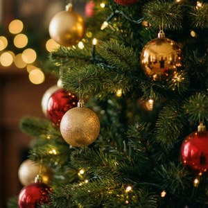 温かなボケ味のライトが灯る、クリスマスツリーの居心地の良いクローズアップ。 — クリスマス エステ 壁紙