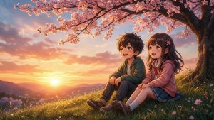 アニメの二人の子供が桜の木の下で穏やかな夕日を楽しんでいる。 — アニメの子供 壁紙