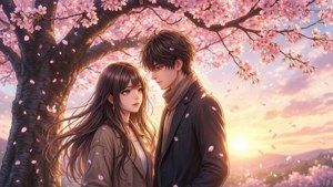 夕暮れの桜の木の下で寄り添うアニメカップル — アニメカップル GIF 壁紙