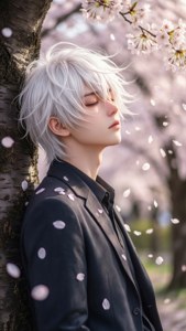 悲しげなアニメの少年が桜の木にもたれかかり、花びらが舞い散る様子。