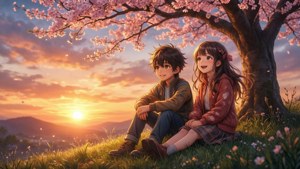 二人のアニメの子供たちが桜の木の下で平和な夕日を楽しんでいる様子 — アニメの子供 壁紙