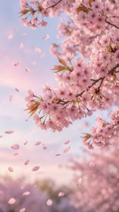 柔らかなピンクの桜の花びらがパステルカラーの空に舞い、ライトピンクの美学を体現しています。 — 淡いピンクのエモい感じ 壁紙