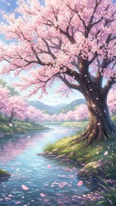 川辺に桜が咲き、花びらが舞い散るアニメの風景。