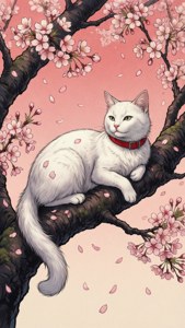 桜の枝に優雅に佇む猫 — アニメ猫 壁紙