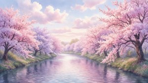 淡い桜が川沿いに咲き誇る、優しい雰囲気の美しい風景。 — ソフトな美的GIF 壁紙