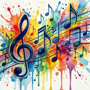 カラフルなスプラッシュが描かれた抽象的な水彩の音符。 — 音楽 美学 壁紙